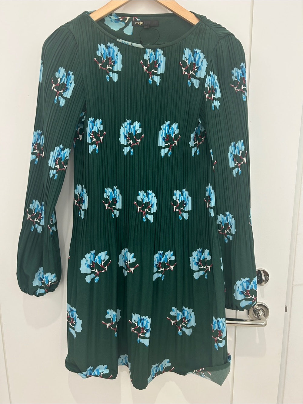 Maje Dark Green Floral Pleated Kids Dress with Blue Blossoms